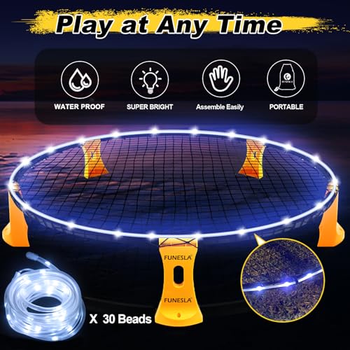 Funeslaball Outdoor Spieleset, Beleuchtetes Roundnet Spieleset Team Games bestehend aus Lichtleiste, Spielnetz & Wettkampfnetz, 3 Bällen, Kordelzug, Ballpumpe, Spiel für Garten, Strand, Park, drinnen