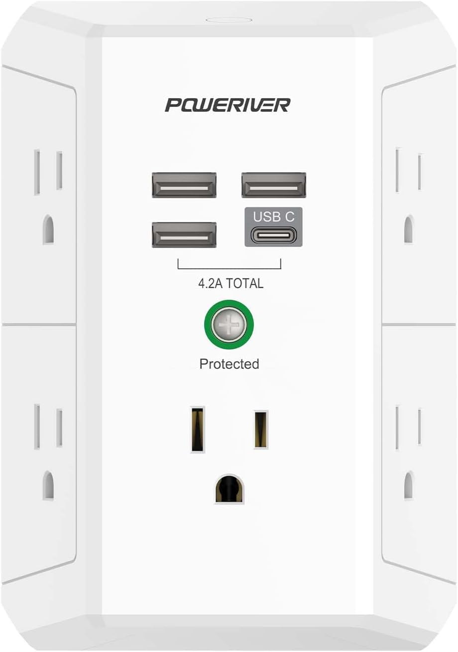 USB Wall Charger, POWERIVER Multi Outlet Extender Surge Protector with 4 USB Ports, 1680J Wall Outlet Adapter Spaced for Home School Office, ETL Listed, White