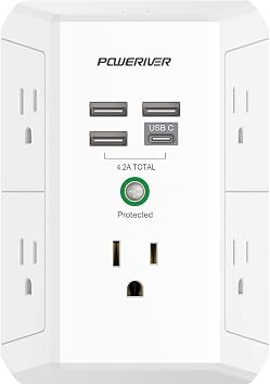 USB Wall Charger, POWERIVER Multi Outlet Extender Surge Protector with 4 USB Ports, 1680J Wall Outlet Adapter Spaced for Home School Office, ETL Listed, White