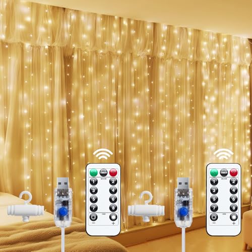 Brightown 300 LED Fairy Curtain Lights, 9.8ft x 9.8ft String Lights, USB Plug in 8 Lighting Modes Christmas String Hanging Lights with Remote for Bedroom Indoor Outdoor Party Xmas Warm White 2 Pack