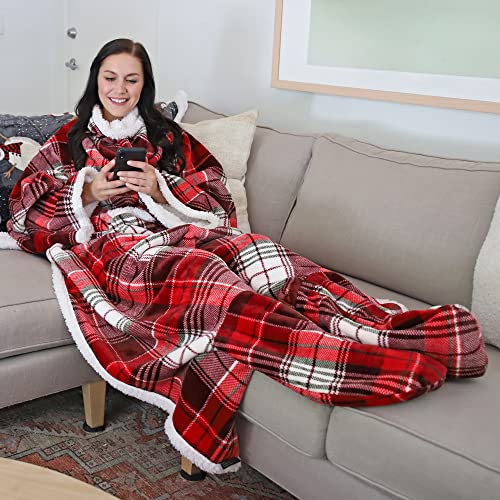 Image of Sherpa Wearable Blanket with Sleeves & Foot Pockets for Adult Women Men, Comfy Snuggle Wrap Sleeved Throw Blanket Robe, Gift Idea, Plaid