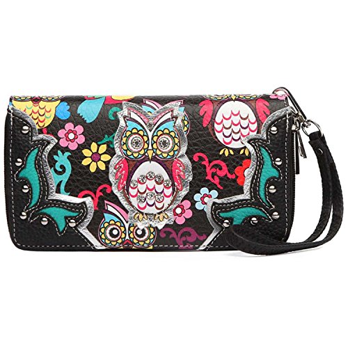Colorful Owl Rhinestone Studded Spring Western Style Studs Fashion Clutch Purse Women Country Wrist Strap Wristlets Wallet