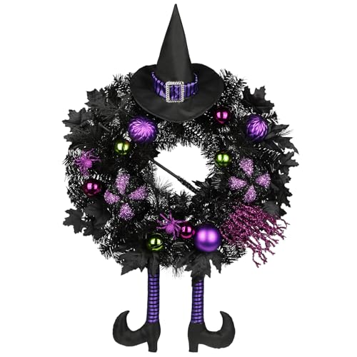 Halloween Wreath for Front Door 26" Tinsel Black Witch Wreath