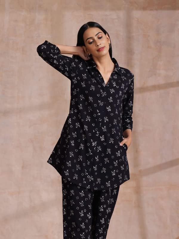 Image of Tarshika Women Women's Trendy Printed Cotton Blend Straight Pocket Black Color Kurta and Palazzo Set (KS2069-S)