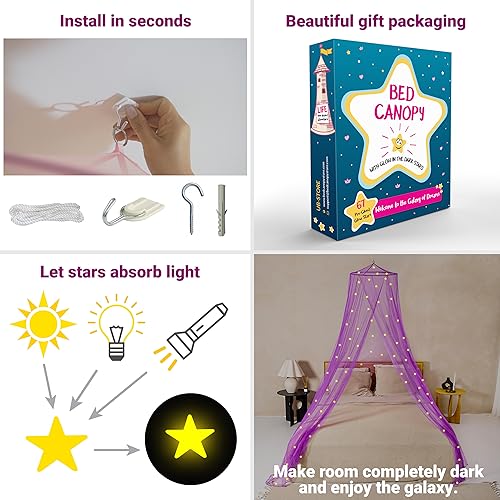 Image of Purple Canopy for Girls Bed with Pre-Glued Glow-in-the-Dark Stars
