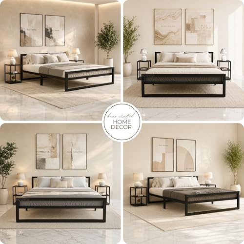 Image of Bed Queen Size Metal Frame | Heavy Duty Steel Platform Double Cot | Steel Floor Frame with Queen Slats |Metal Iron Bed| Noise Free & No Box Spring Needed | Home, Hotel, Hostel & Guest Room | Black