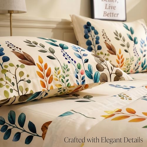 Image of SANMARINO 300TC Cloud Cotton King Size Bedsheet with 2 Pillow Covers | Super Soft & Breathable | Luxury Floral Pixel Bloom Digital Print Bedding Set | 228x254 cm | Autumn Leaves Blue Mustard