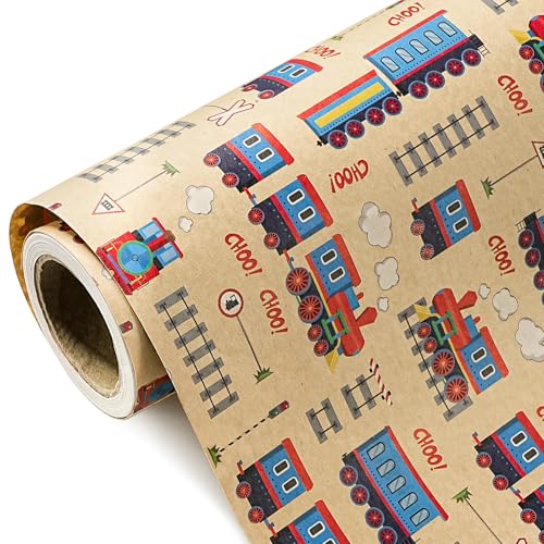 WRAPAHOLIC Kraft Train Wrapping Paper Roll - Mini Roll - 17 Inch x 16.5 Feet - Vintage Trains Tracks Wrapping Paper Perfect for Kids Boys Birthday Baby Shower