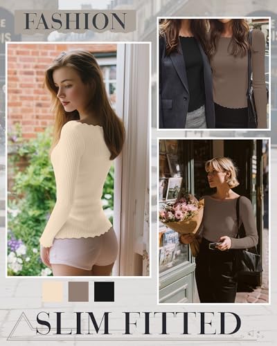 Riyiper 3 Pack Women's Long Sleeve Shirts Ribbed Cotton Boat Neck Tops Lettuce Trim Underscrub Slim Fit Casual Basic Tees3