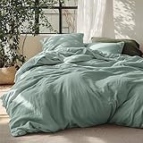 Bedsure Linen Duvet Cover Queen - Linen Cotton Blend Bedding Set, Soft & Cozy, 3 Pieces, 1 Duvet Cover 90x90 Inches and 2 Pillowcases, Sage Green Color Cooling Bedding, Comforter Sold Separately
