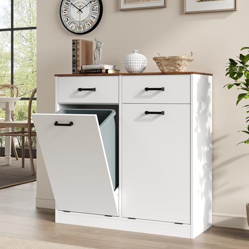 MHOM Farmhouse Double Tilt Out Trash Can Cabinet fits 13 Gallon Trash Bin, Kitchen Recycling Cabinet with 2 Drawers, Hidden Garbage Can Storage for Kitchen & Dining Room, Antique White