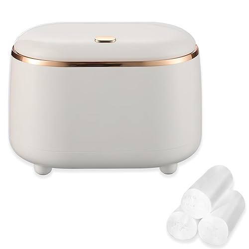 Mini bote de basura para encimera con tapa, papelera de plástico con 3 rollos de bolsas de basura, mini contenedor de escritorio de 1.5 litros,