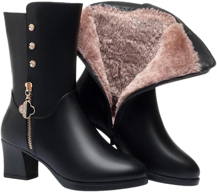 Women's Wool Lined Warm Winter Comfort Mid Block Heel Boots Anti Slip Zip Chunky Heel Fashion Classic Mid-calf Boots Snow Boots