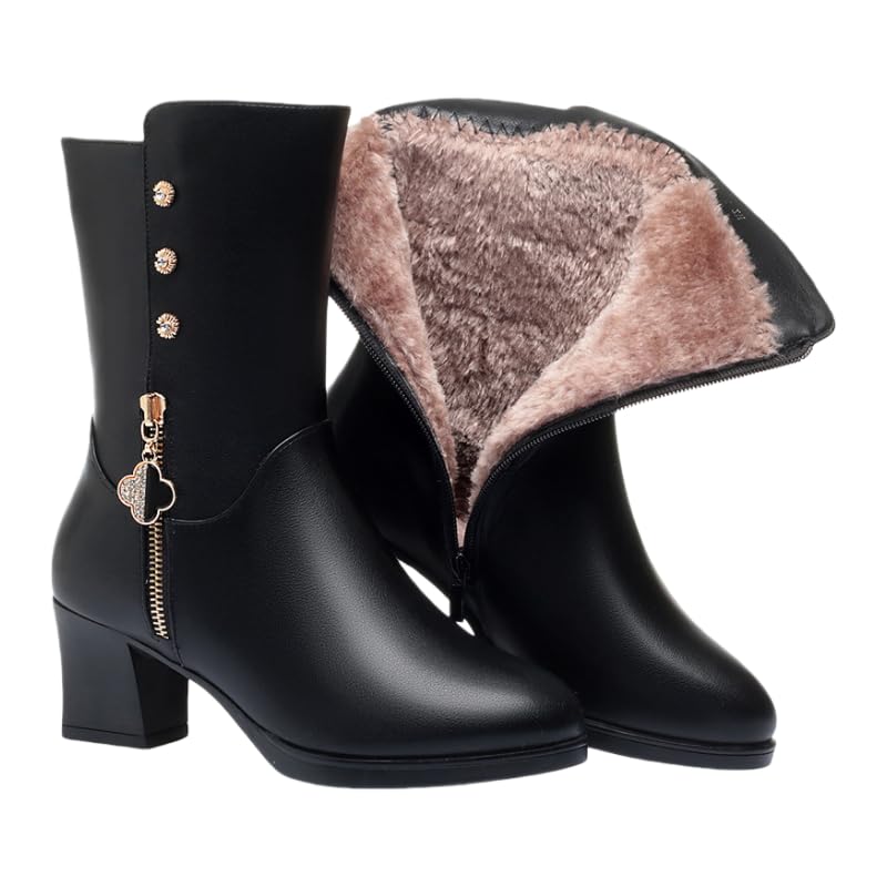Womens Wool Lined Warm Winter Comfort Mid Block Heel Boots Anti Slip Zip Chunky Heel Fashion Classic Mid-calf