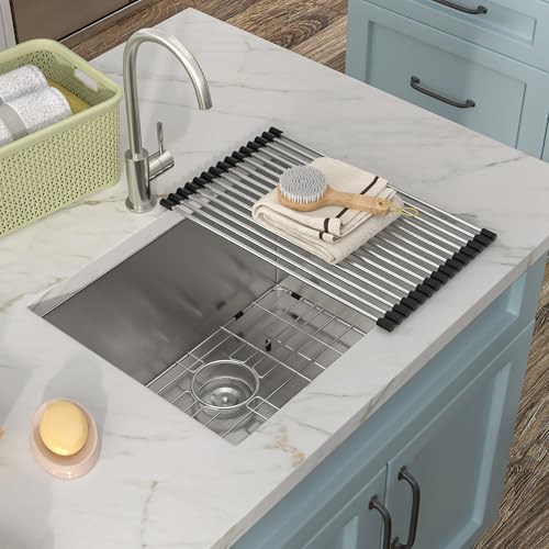 Image of 24 Undermount Laundry Sink - Fulorni 24 inchx18 inch Laundry Room Utility Tub Sink Under Counter 16 Gauge 304 Stainless Steel 12 Inch Deep Single Bowl Basin