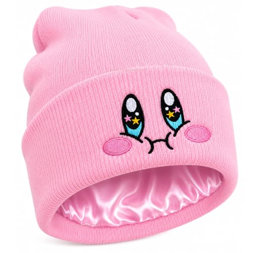 Kirby Satin Lined Knit Beanie Cute Anime Hat with Embroidered Face Acrylic with Silk Lining for Women & Men (US Alpha One Size Medium Pink)