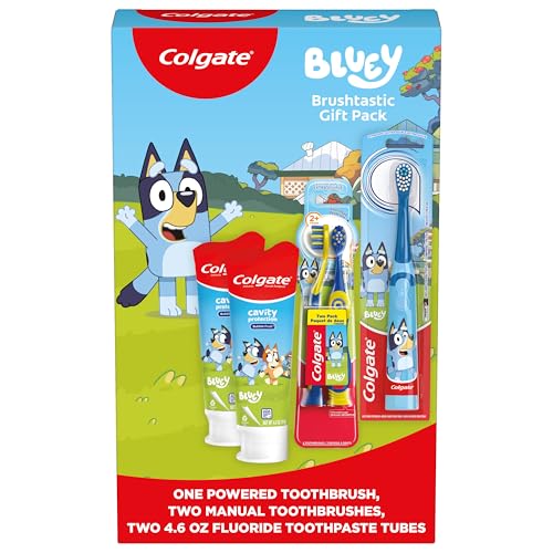 Colgate Kids Bluey Toothbrush and Kids Toothpaste Gift Set Includes Bluey-Themed Battery Toothbrush 2 Bubblegum Flavored Fluoride Toothpastes and 2 Manual Toothbrushes