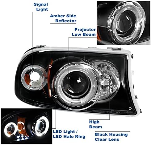 LED Halo Projector Headlights Black Compatible with 1997-2004 Dodge Dakota / 1998-2003 Durango