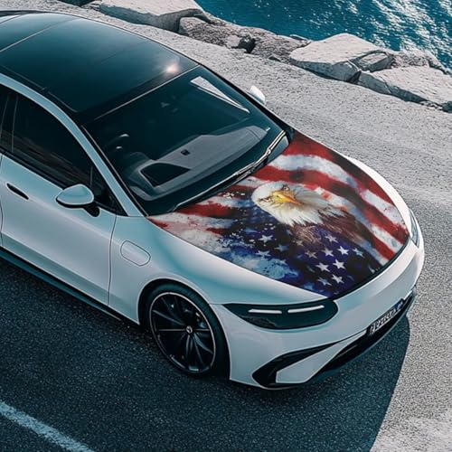Image of Bald Eagle USA Flag Design Hood Cover for Car Sedan SUV Truck, 59x39 Inch Waterproof Sun Proof Car Hood Wrap Blankets, Universal Automotive Decorative Accessories