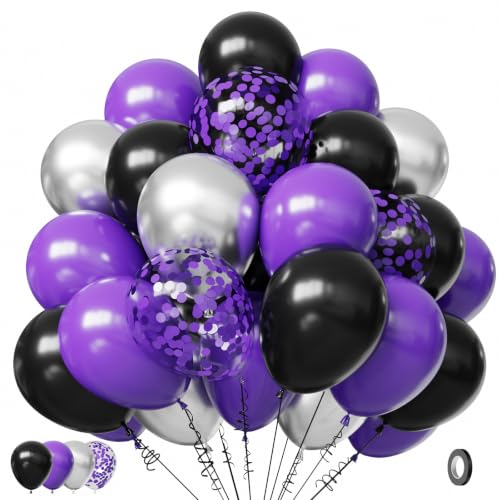 Image of Halloween Balloon 12Inch, 60Pcs Black Purple and Silver Balloons