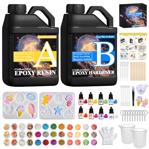 TOSUTO Resina Epoxi Transparente, 1020ml Kit 1:1 Con Pintura, Purpurina, Hoja de Oro - Para Manualidades, Hacer Llaveros, Joyas