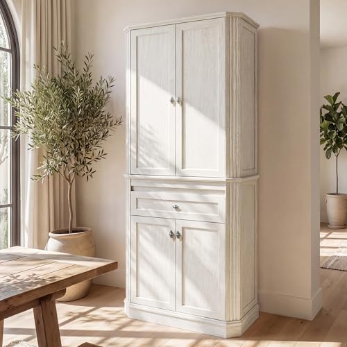 Image of 72.2 inch Tall Kitchen Pantry Cabinet with Doors, Farmhouse Storage Cabinet with Charging Station & LED Light, Drawer, Adjustable Shelves and Pull-Out Shelves, White Wood Pantry Cupboard for Dining Room