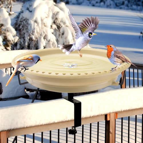 Daoeny Heated Bird Baths for Outdoors, Upgraded 100W Thermostatically Controlled Heated Bird Bath Deicer Deck Mounted, Heated Bird Bath Bowl for Deck Railing Winter Garden Yard Patio (Khaki)