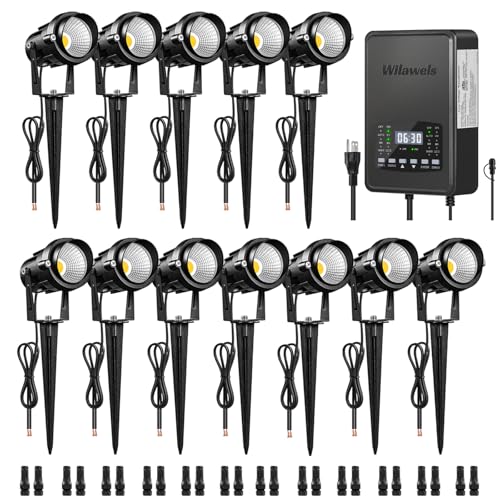 WILAWELS 12 Pack Landscape Lights with 2 Zone 300W Low Voltage Transformer, 3000K 12V LED Landscape Lighting Kit, Waterproof Aluminum Landscape Spotlights with Connectors for Yard Tree Garden W01LK06