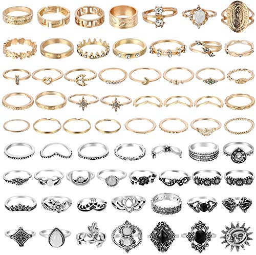 BeYumi 67 Stück Vintage Knöchelringe Set Stapelbare Fingerringe Midi-Ringe für Frauen Böhmische hohle geschnitzte Blumen Gold- und Silberringe Kristallgelenkringe mit Aufbewahrungstasche