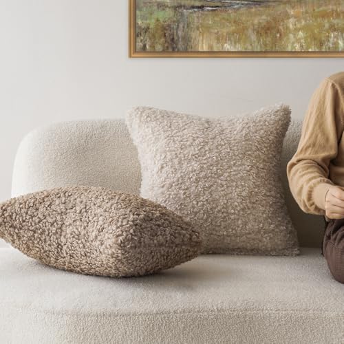 Image of Foindtower Set of 2 Curly Teddy Wool Pillow Covers Decorative Boucle Textured Lumbar Throw Pillow Faux Fur Pillowcases Sheepskin Cushion Case for Sofa Bedroom Car 12 inchx20 inch Khaki