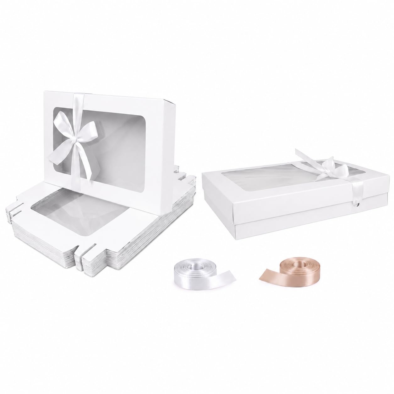 Emartbuy Lot de 12 boîtes cadeaux rectangulaires en kraft Blanc avec couvercle Transparent et ruban satiné Blanc 29,5 x 22 x 4,5 cm