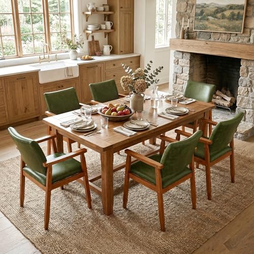 Image of NOBPEINT Mid-Century Modern Dining Chairs with Armrest Set of 2, PU Leather Upholstered Dining Room Chairs with Solid Wood Frame, Walnut Kitchen Armchairs for Kitchen Living Room Restaurant, Green