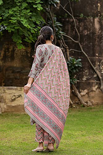 Vaamsi-Womens-Cotton-Blend-Printed-Kurta-Trousers-and-Dupatta-Set-VKSKD1134Grey
