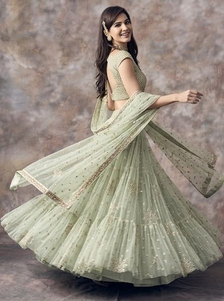 Image of JIHU CULTURE Pista Green Soft Net Embroidery Work Semi Sttiched Lehenga Choli Set For Women