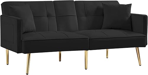 Miniatura 8 de Sofá cama biplaza de terciopelo con 2 bolsillos, sofá cama convertible tapizado con respaldo ajustable múltiple, sofá futón con patas de metal