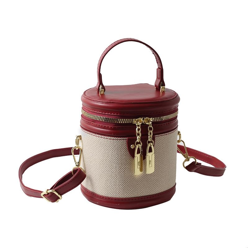 Image of Retro Bucket Bag Color Contrast Cylinder Purse | Senior Sense Style, Single Shoulder Crossbody, Zipper Closure, 4.7x6