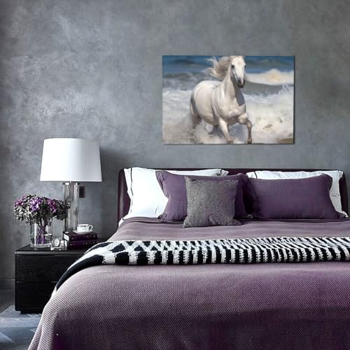 Cheval blanc courant sur la mer impression sur toile encadrée de qualité supérieure - 3
