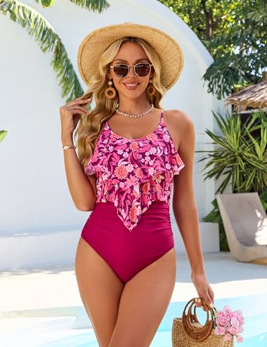 Image of Edelqual Women One Piece Tummy Control Swimsuit Full Coverage Bathing Suit | Adjustable Spaghetti Strap,Flattering Ruffled Layered Front,Removable Pads,Tie Back,Scoop Neck,Quick-Dry Fabric,Beach & Pool