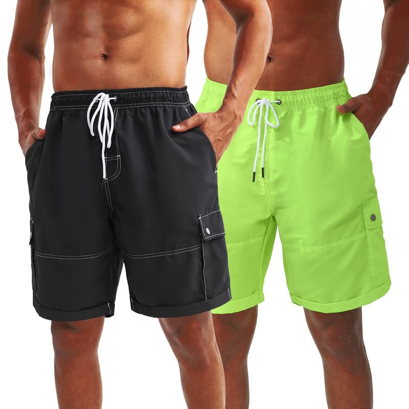 LARGERED 2 pack de pantalones cortos de natación para hombre, pantalones cortos de playa, pantalones cortos de surf de secado rápido