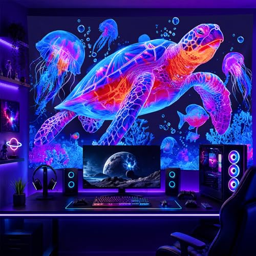 Image of BlissYard Neon Turtle Ocean Black Light Tapestry UV Reactive Psychedelic Sea Life Wall Hanging for Living Room Bedroom Dorm Room Bar Party Decor 78x59 Inch