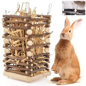 Wood Rabbit Hay Feeder, 7″ Hanging Grass Holder with 2 Hooks, Small Animals Feeding Hay Manager for Cage, Bunny Hay Feeder Rack for Chinchilla Guinea Pig Hamster Gerbil