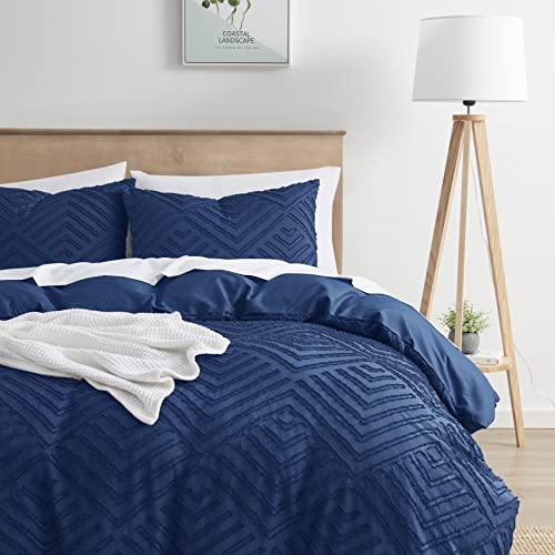 Image of Nestl Boho Duvet Cover Queen - Boho Bedding Sets & Collections, Textured Queen Duvet Cover Set, 3 Piece Tufted Navy Duvet Cover w /Zipper Closure, 1 Queen Size Duvet Cover 90x90 Inch & 2 Pillow Shams
