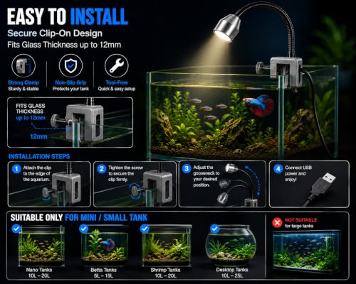 Image of Liny LY-007 USB Mini Aquarium Spotlight | 3W LED Clip-On Fish Tank Light | 5V USB Powered | Flexible Gooseneck | Aluminum Alloy Lamp Head | Fits 2-12 mm Glass
