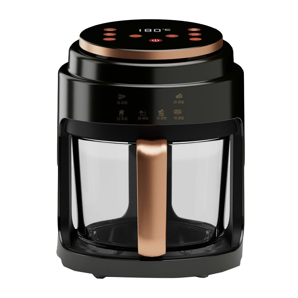 Air fryer for healthy oil-free cooking with glass basket and digital controls, easy viewing and presets for home use.