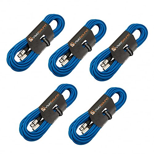 VisioSound 5 x 10m Male to Female XLR Mic Leads/Balanced Microphone Cables / 8 Colours/Multi-Packs Blue