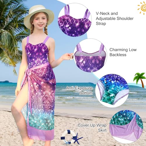 Image of UNIFACO Girls One Piece Swimsuit with Cover Up Skirt 2 Piece Bathing Suit Swimwear Sets 5-16T