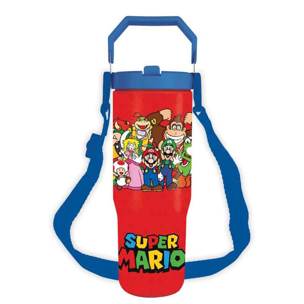 Super Mario Group Shot Pitcher 30oz, Official Licensed Nintendo Drinks Jug with Shoulder Strap