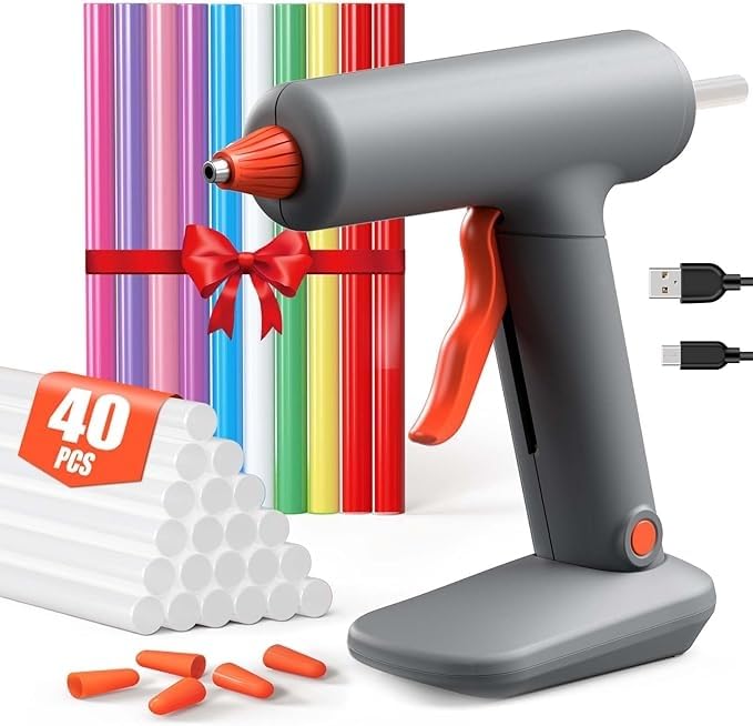 Hot Glue Gun 3000mAh Cordless Glue Gun with 30 Glue Sticks & 10 Colorful Glue Sticks Mini Glue Gun for Crafting DIY Art One Removable Base Holder & 5 Silicone Finger Cases