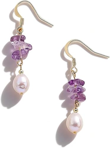 Purple Chip Earrings with White Bead Drops for Women