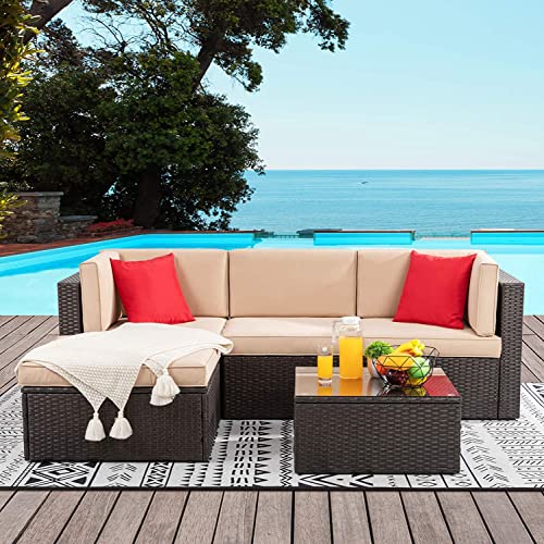 Image of Amazon Brand - Solimo Solara Outdoor 4 Seater Sofa Set | Balcony Sofa | Patio Furniture Sets | Conversation Sets | Wicker | Garden | Balcony | (Brown-Cream)
